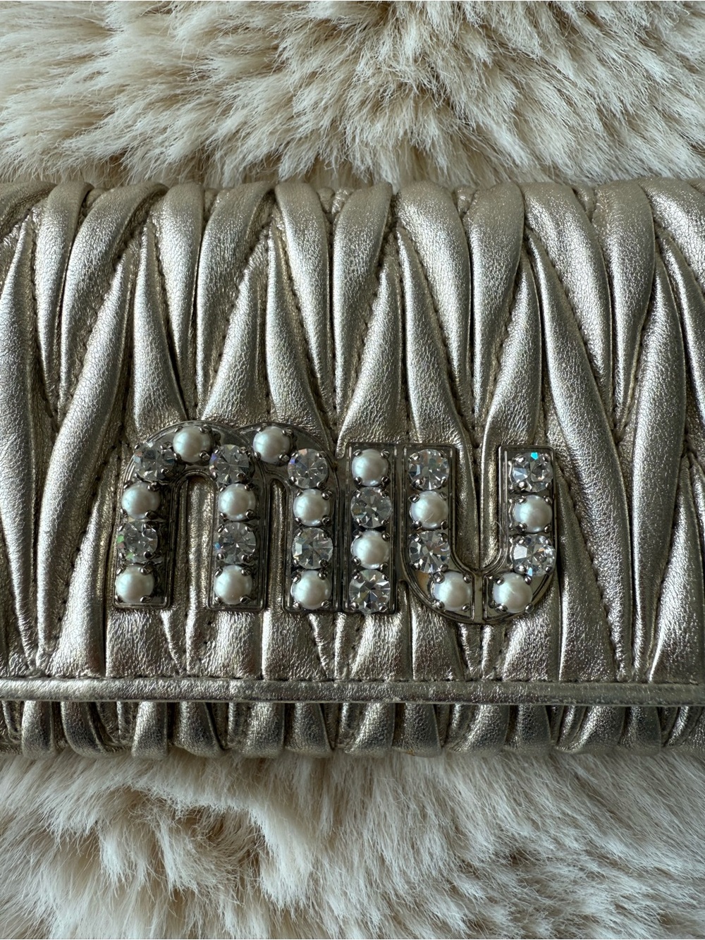 Miu Miu Silver Ruched Leather Crystal & Pearl Logo Clutch